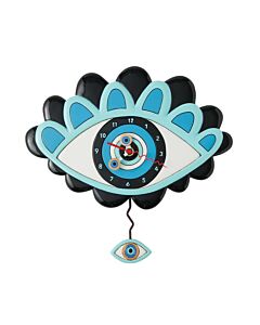Whimsical wall clock featuring a vibrant blue and black eye design, with clock hands shaped like eyes and a swinging smaller eye pendulum, designed by Michelle Allen.