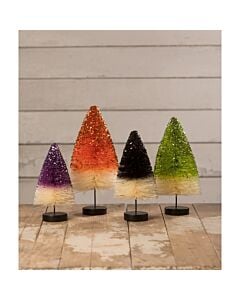 The "Haunted Hues" Halloween Trees set includes four glittering bottle brush trees in vibrant shades of orange, green, purple, and black, each mounted on a wooden base. These trees add a dazzling touch to your Halloween decor with their festive sparkle an