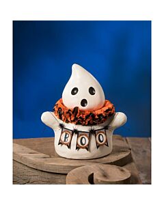 Oversized white ghost figure crafted from paper pulp, holding a paper banner that spells 'BOO', designed by Michelle Allen of Raggedy Pants Designs, exuding a charming Halloween presence.