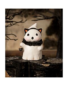 Figure by Bethany Lowe featuring Kitty Boo, crafted from paper pulp, wire, and crepe paper. A charming Halloween decor piece, perfect for mantles or tablescapes, and ideal as a special gift.