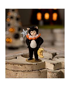 Bethany Lowe Collection Dressed Up Cali Cat features a child dressed in a fuzzy flocked cat costume, perfect for nostalgic Halloween decor. 