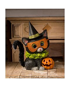 Halloween Kitty Binks by Bethany Lowe, a charming hand-painted paper mache kitten with a glittered mask, witch hat, and chenille tail, sits next to a smiling Jack-O-Lantern, ready for Halloween fun. Perfect for adding a whimsical touch to your festive dec