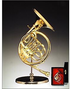 3.5" Gold Brass French Horn Miniature with Stand & Case