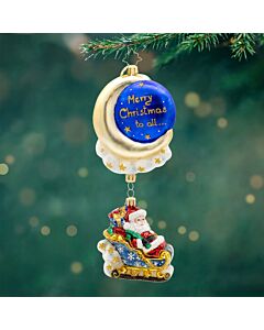 Santa Claus glides through a starry night on his sleigh, delivering gifts with joyful energy. The shimmering moon and twinkling stars create a magical, festive scene for the holiday season.