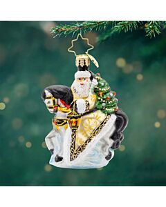 Santa rides a white horse draped in a shimmering golden coat, carrying a decorated Christmas tree on its back. The elegant scene captures festive grandeur and holiday adventure.