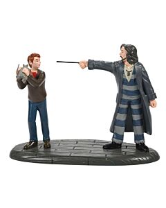 Miniature scene showing Sirius Black confronting Peter Pettigrew inside the Shrieking Shack, capturing the tense moment as Ron pleads Scabber's innocence.