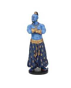 Stylized figurine of the Genie from Aladdin, portrayed in a dynamic pose with elaborate costume details and a confident expression, celebrating his magical charisma in couture-inspired fashion.