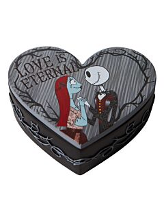 A romantic trinket box featuring Jack and Sally in a loving embrace, gazing into each other’s eyes. Lined with soft felt and inscribed with “Love is Eternal,” this Nightmare Before Christmas collectible celebrates timeless devotion.