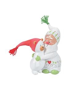 A heartwarming Department 56 Snowpinion ornament featuring a joyful Snowpinion character embracing a small bear wearing a knit hat, symbolizing warmth and companionship. This piece captures a tender, affectionate moment in the SnowGnomes collection.