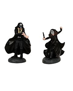 Miniature figurines of Lucius Malfoy and Bellatrix Lestrange clad in dark robes, posed in sinister stances representing their allegiance to Lord Voldemort.