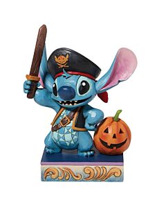 Stitch grins mischievously in a vibrant pirate costume, clutching a sword and striking a playful pose beside a glowing jack-o-lantern. This Jim Shore collectible captures Halloween fun with the galaxy’s most lovable alien ready to fill his pumpkin with tr