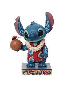 Stitch embraces island life in his vibrant Hawaiian shirt and fragrant flower lei, raising a tropical coconut drink topped with a cheerful paper umbrella. The beloved blue alien has found his perfect paradise on Kauai, celebrating two decades of ohana wit