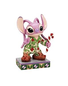 Charming Jim Shore figurine showcasing Angel in holiday sleepwear, complete with reindeer slippers and a candy cane. This delightful piece adds a touch of Disney magic to your festive celebrations.