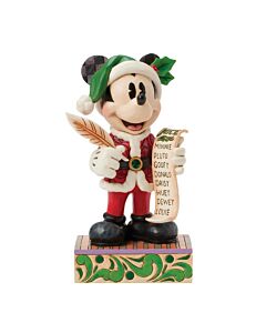 Mickey Mouse stands joyfully in a red rosemaling suit with holly-trimmed Santa hat, holding a quill and a scroll of Disney’s Naughty and Nice characters in this charming holiday tribute.