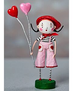The ESC and Co. Be Mime figurine by Lori C. Mitchell features a girl dressed in a classic mime costume, playfully holding heart-shaped balloons. This whimsical piece combines charm and romance, adding a festive touch to any display.