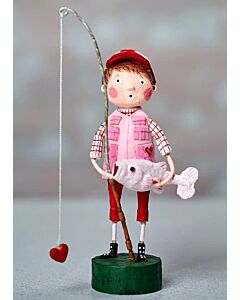 The ESC and Co. You’re a Catch figurine by Lori C. Mitchell features a cheerful boy proudly holding a fish he caught with his fishing rod. This playful piece captures the joy of outdoor adventure and adds whimsical charm to any display.