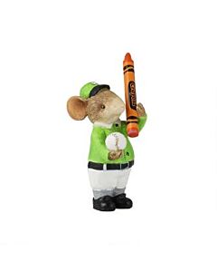 A determined mouse in baseball uniform grips a bright Crayola crayon as his makeshift bat, proving that creativity and heart matter more than size on the diamond. This whimsical figurine captures the pure joy of childhood play where imagination transforms