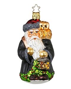 Moonlit guardian: A mysterious Santa in black attire, accompanied by a wise owl perched on his shoulder, shines a warm lantern light, guiding through the night with an air of quiet wonder.