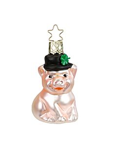 Bring the luck of the Irish into your home with this charming light pink piggy ornament. Sporting a stylish bowler hat adorned with a lucky clover, this delightful pig is sure to bring smiles and good fortune all year round!