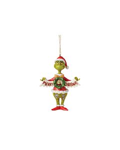 Grinch Holding Merry Christmas Banner Ornament