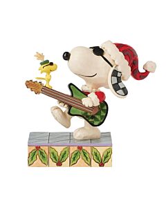 Snoopy and Woodstock get down to holiday beats, with Snoopy rocking out on guitar and Woodstock jamming with reindeer antlers
