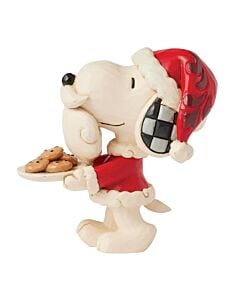 Miniature Snoopy Santa figurine by Jim Shore, featuring Snoopy in a Santa suit with a playful white beard, holding a plate of cookies and radiating whimsical holiday charm.