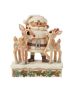 Jim Shore's Woodland Santa with Rudolph and Clarice: A heartwarming Christmas scene of Santa embracing the beloved reindeer duo.