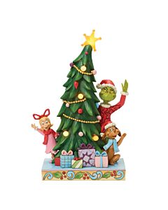 Lighted Grinch, Cindy, and Max Peeking Out From Tree