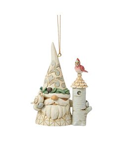 White Woodland Gnome with Birdhouse and Cardinal