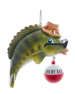 A whimsical bass-shaped ornament playfully displays the phrase “Kiss My Bass,” adding humor to holiday décor. Its vibrant design and cheeky charm make it a standout on any Christmas tree.