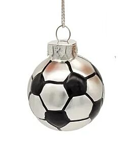 A sleek glass soccer ball ornament features classic panel detailing, adding sporty flair to holiday décor. Its polished finish brings a festive yet athletic touch to the Christmas tree.