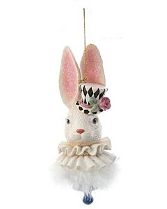 A whimsical White Rabbit ornament from the Hollywood Nutcrackers collection, channeling the frantic charm of Lewis Carroll's Alice in Wonderland with its dapper top hat and pocket watch details. Designed by Holly Adler, this enchanting piece captures the 