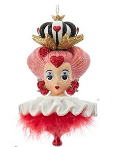The Queen of Hearts ornament, part of Kurt Adler's Hollywood Hats collection, features the iconic character with striking glittered pink hair shaped like a heart and a jeweled crown. This whimsical piece brings a touch of Wonderland's royal absurdity to a