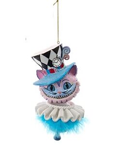 Vibrant Cheshire Cat ornament from the Hollywood Nutcrackers™ collection, showcasing the cat's iconic striped fur and playful grin inspired by Alice's Adventures in Wonderland. Designed by acclaimed artist Holly Adler exclusively for Kurt S. Adler, Inc., 