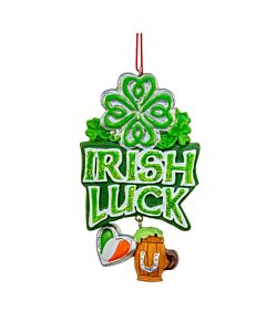 "Irish Luck" Glittered ornament featuring sparkling shamrocks and Celtic-inspired designs in vibrant green hues. This festive decoration adds a touch of Irish charm and good fortune to any holiday tree or seasonal display.