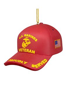 The Marine Corps Veterans Cap ornament by Kurt Adler features a miniature cap adorned with the iconic Eagle, Globe, and Anchor emblem. This patriotic keepsake honors the courage and sacrifice of Marine veterans, making it a proud tribute for any holiday d