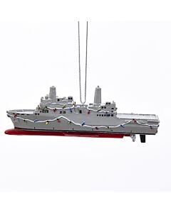 The U.S. Navy Ship ornament shines with colorful Christmas lights strung along its exterior, blending festive spirit with military pride. A striking tribute, it honors the dedication of sailors while adding patriotic charm to holiday décor.