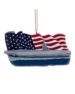 This U.S. Navy aircraft carrier ornament by Kurt Adler features a detailed ship adorned with a proudly waving American flag. A patriotic tribute, it brings naval pride and festive spirit to any holiday tree or décor.