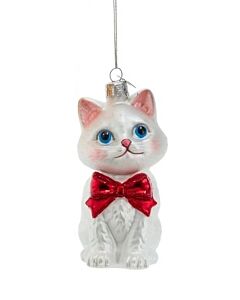 Noble Gems White Cat with Red Bow Ornament