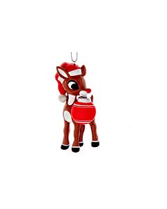 The Rudolph with Christmas Bulb ornament shows the beloved reindeer wearing a festive Santa hat while holding a red-and-white ornament in his mouth. This cheerful holiday piece adds playful charm to any Christmas tree and can be personalized for a special