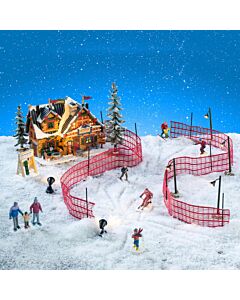 Cozy snow-draped ski lodge glowing with Christmas lights, surrounded by merry skiers, evergreen trees, and twinkling lightposts in a winter wonderland scene.