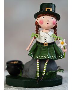This whimsical Leprechaun Girl sits atop a boulder, holding her pot of gold with a cheerful grin. Her festive attire and playful pose radiate Irish luck and charm.