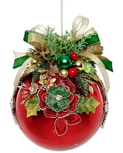 6" Shiny Floral Jeweled Ornament, Red