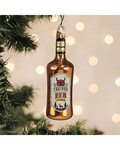 Rum Bottle ornament designed to resemble a classic glass bottle with vintage-inspired labeling for a spirited holiday touch. This playful decoration adds a dash of festive cheer and personality to any ornament collection.