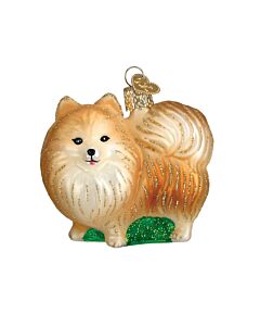 Pomeranian with Green Grass Glass Ornament
