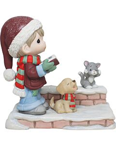 Boy Caroling with Dog and Cat