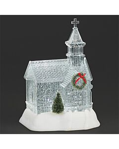 Lighted Swirl Church with Green Wreath and Tree