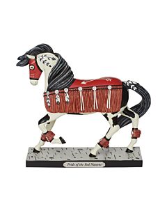 Trail of Painted Ponies Pride of the Red Nations figurine featuring a striking black and white horse adorned with feathers, tassels, and a bold red saddle marked with an arrow. This collectible honors Native heritage with strength, respect, and graceful a