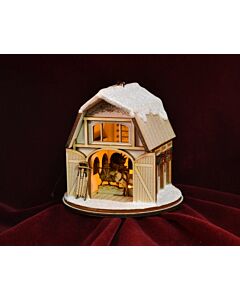 A charming, snow-covered miniature barn ornament, designed with quaint details and warm lighting to reveal a hidden, magical scene within, perfect for Santa's reindeer.