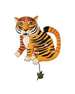 Artistic wall clock depicting a vibrant tiger with unique stripes, enchanting eyes, and leaf-shaped clock hands, complemented by a swinging leaf pendulum; designed by Michelle Allen.